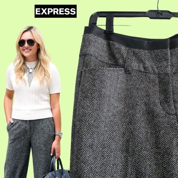 EXPRESS NEW Minimalist EDITOR Herringbone Faux Leather Trim Wide Leg Trouser 6 - Picture 3 of 12